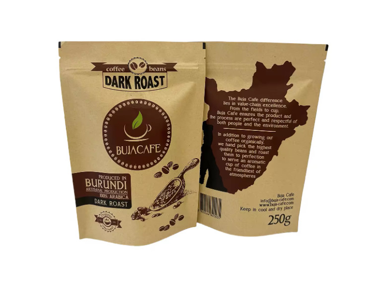 Kompostowalny biodegradowalny standup płaski dno Kraft Paper Food Packing Zipper Pocket Custom wydrukowany worek do kawy z zaworem
