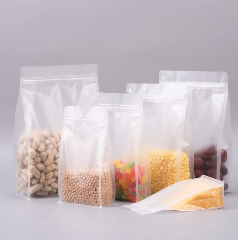 Niestandardowe płaskie spodnie osiem stronne pieczęcie przejrzyste przezroczyste zamek z cyprem Suche Fruit Food Rice Packaging Plastic Stand Up Bag