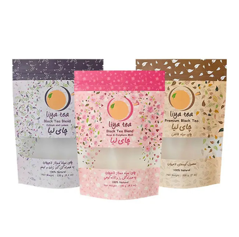 Niestandardowe Eco Recykling Recyclable Ziplock Food Kraft Paper Stand Up Pockets Black Tea Packaging Bags With Window