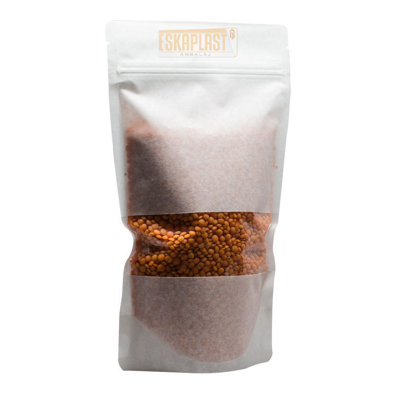 Biała torba ze skóry bydlęcej (torba stojąca) z małym okienkiem, niestandardowy nadruk na zamku błyskawicznym, torba stojąca z papieru kraft/torba do pakowania żywności